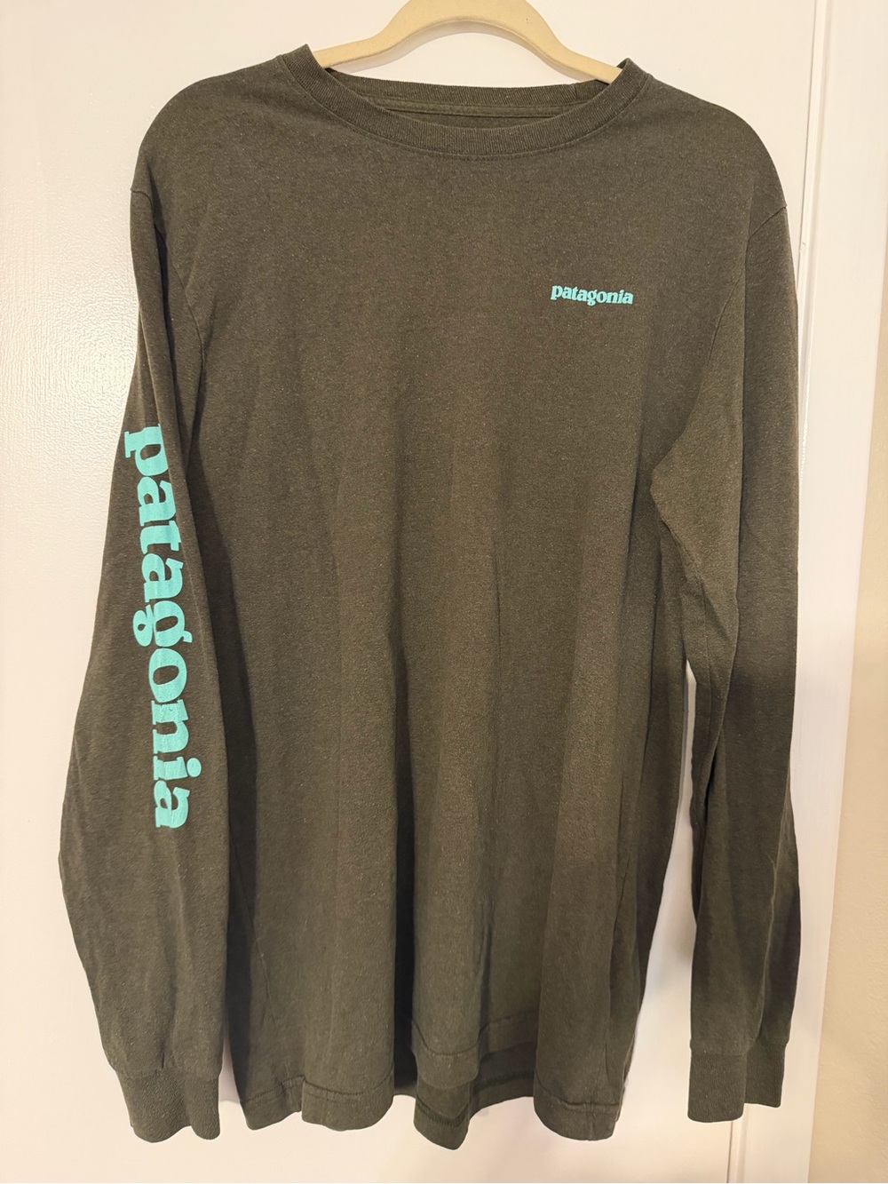 Patagonia Olive Long-Sleeve Tee with Teal Logo